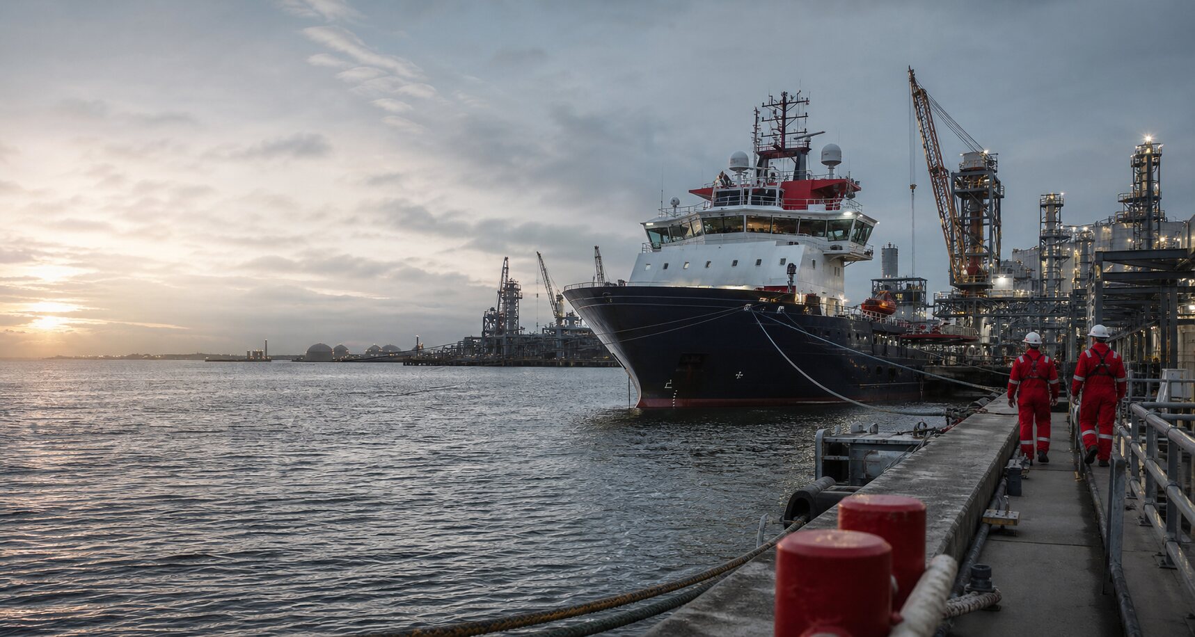 Offshore support vessel beside a petroleum terminal at dawn